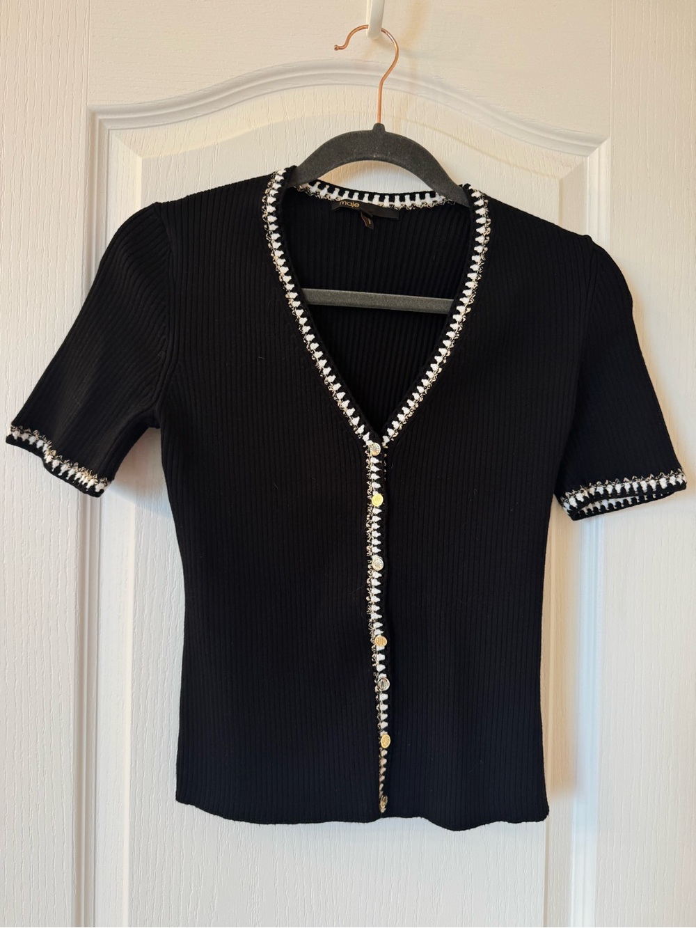 Maje Ribbed Knit Contrast Trim Cardigan Top Size 1 (US Small) Black & White